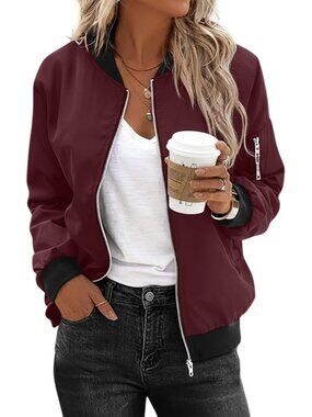Women's Dark Red Polyester Zip Up Sweatshirt Long Sleeve Casual Bomber Jacket